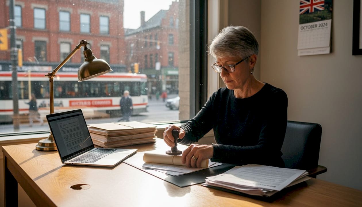 Ontario notary public stamping document in office