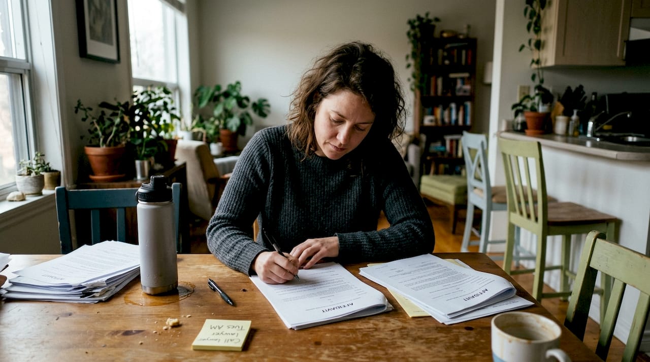 Woman signing affidavit at kitchen workspace
