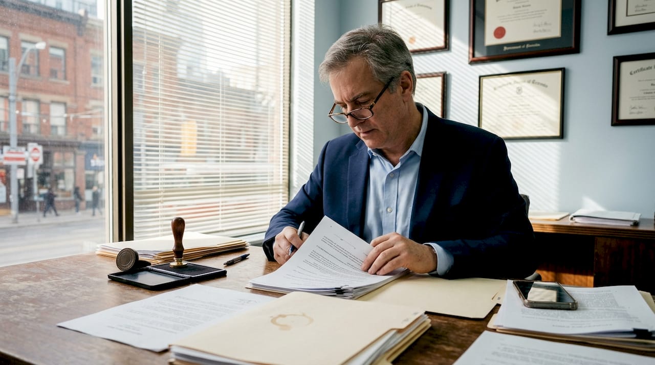 Ontario notary reviews papers at walnut desk