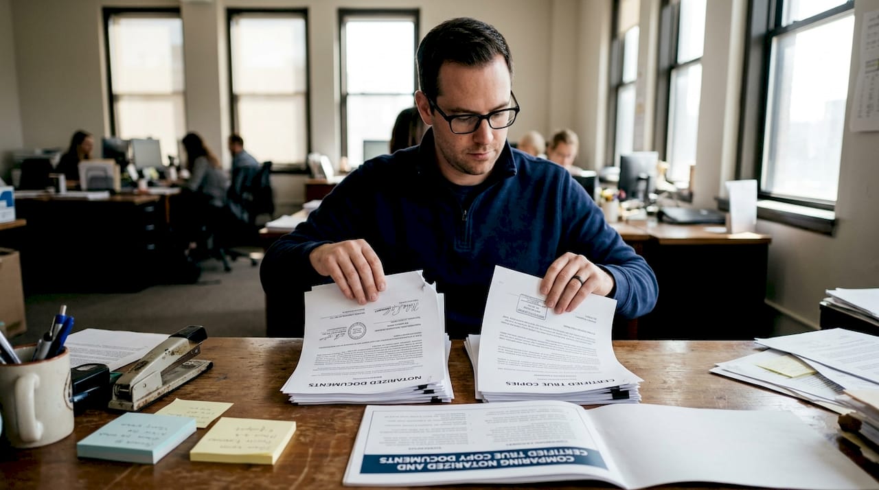 Office worker comparing legal document types