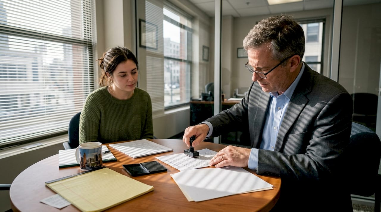 Notary stamping document in Ontario office