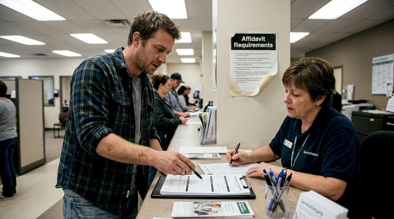 Ontario resident checking documents at ServiceOntario