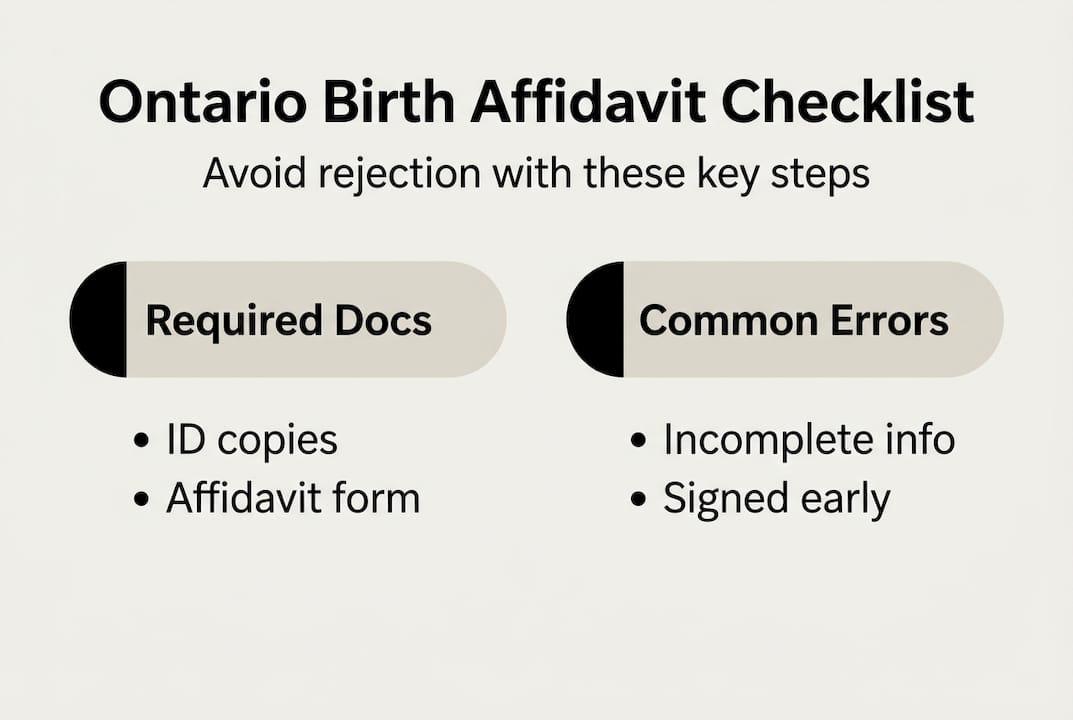 Infographic showing Ontario birth affidavit steps and errors