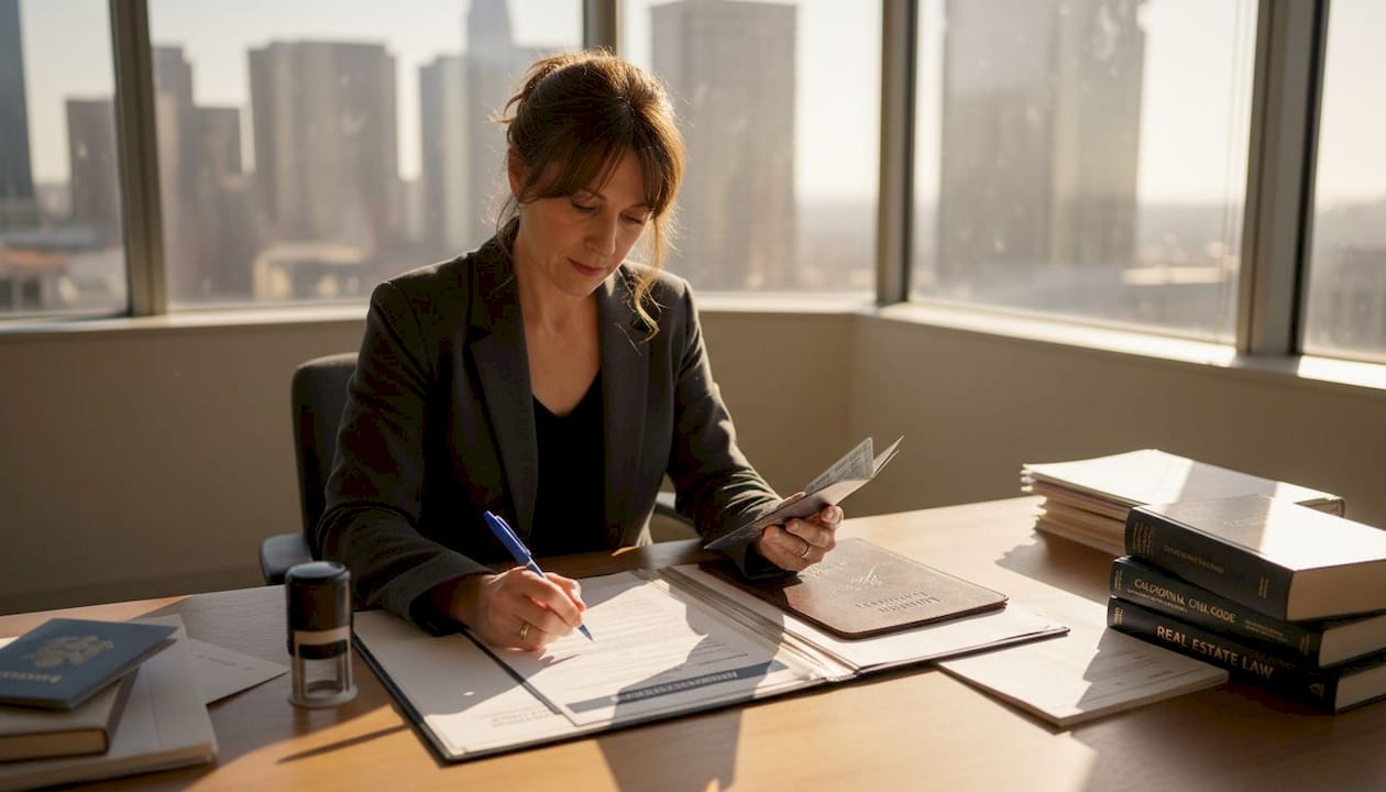 Notary verifies documents in Ontario office