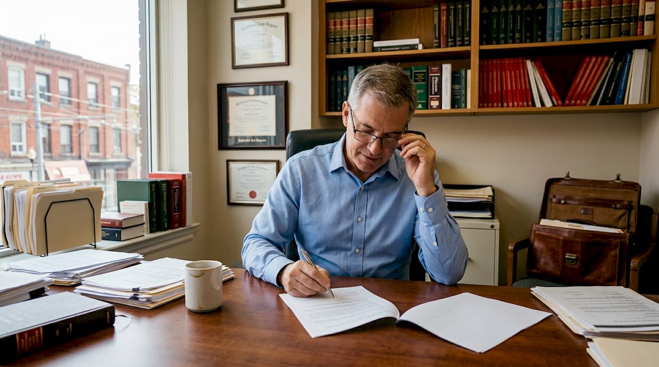 Notary public checking documents at office desk
