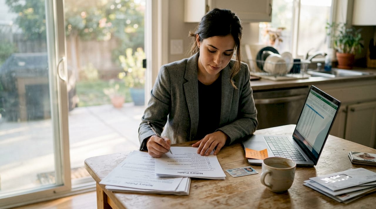 Woman organizing documents for notarization at home