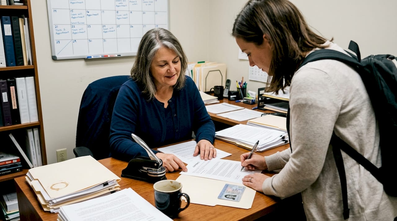Notary and client completing document signing