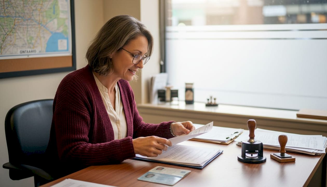 Notary confirming and stamping legal document
