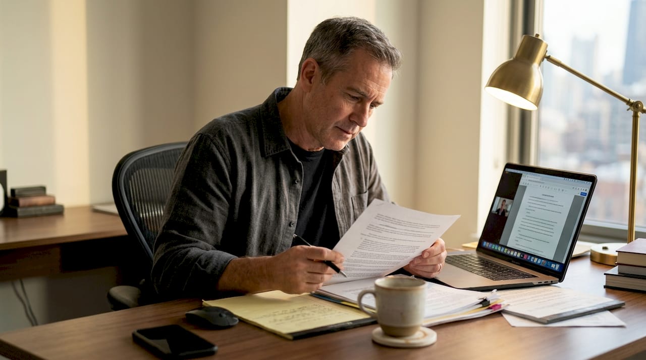 Man reviewing document on video notarization call