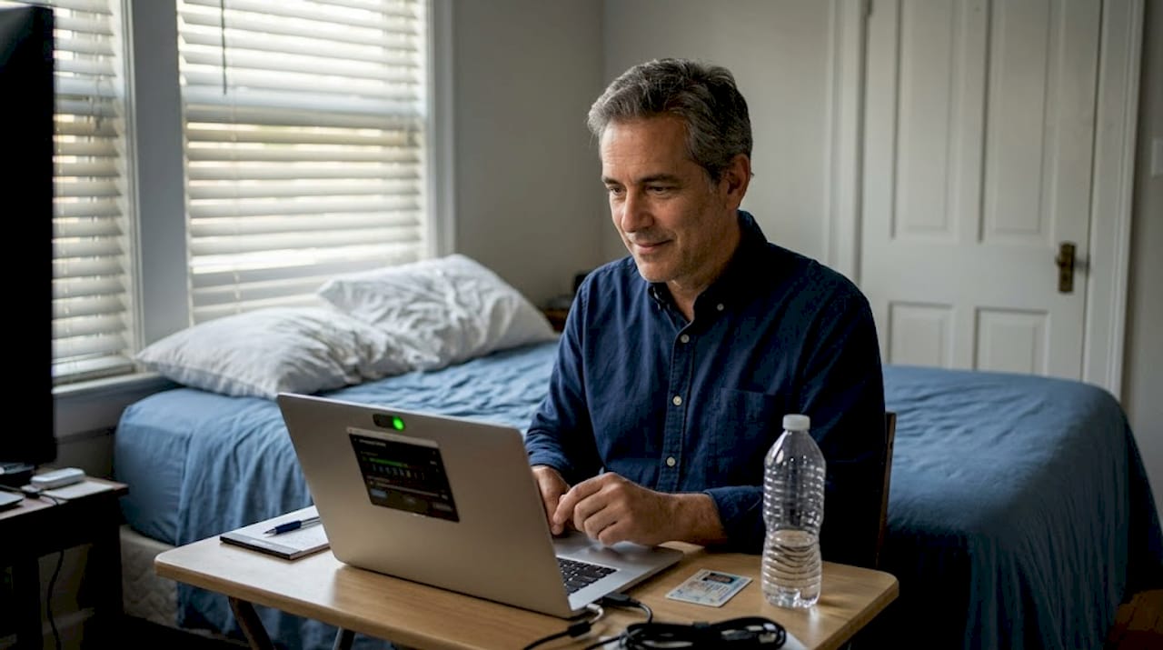 Man testing webcam, notary document setup
