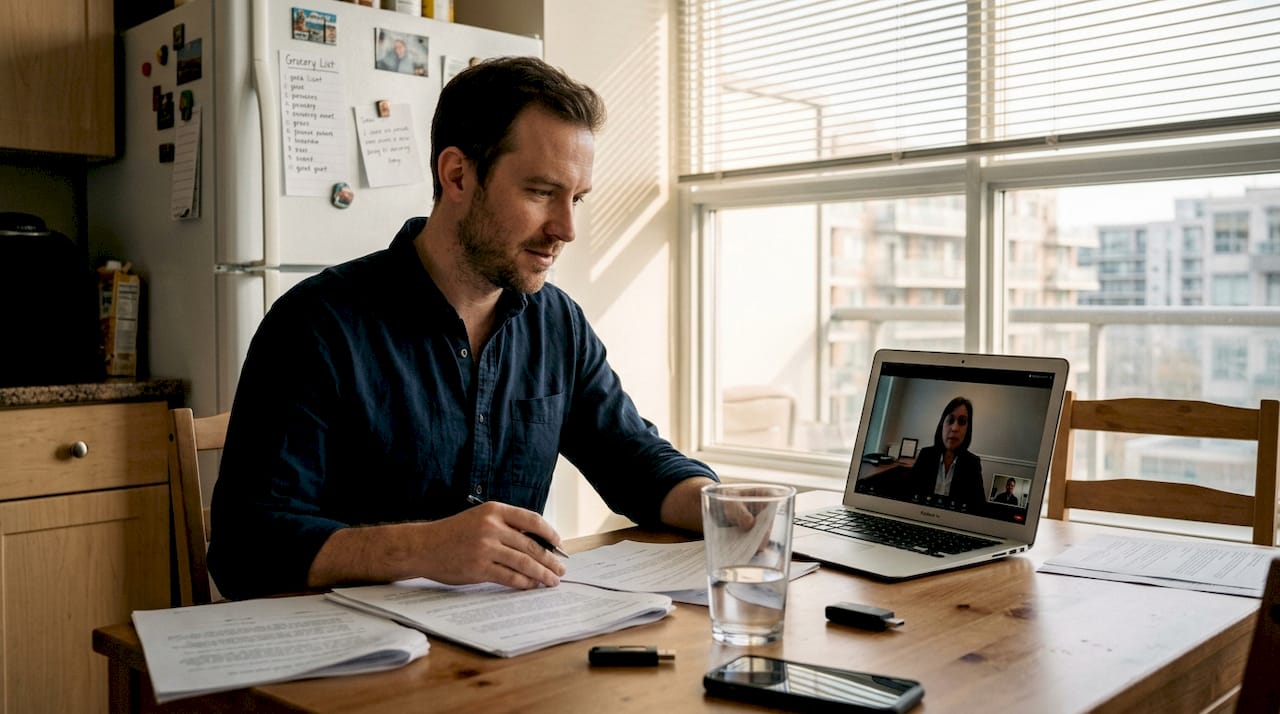 Man using online notary service at home table