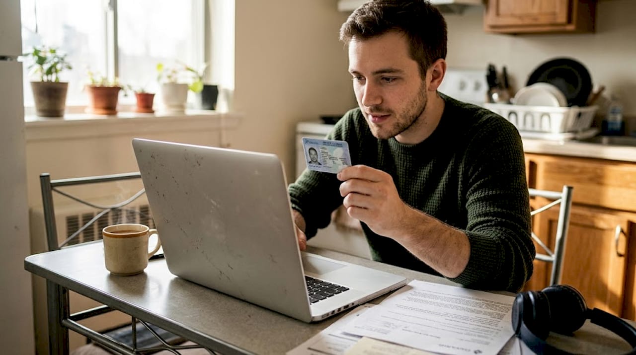 Man holds ID card up to webcam at table