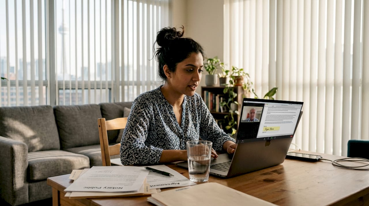 Woman video calls notary from home office