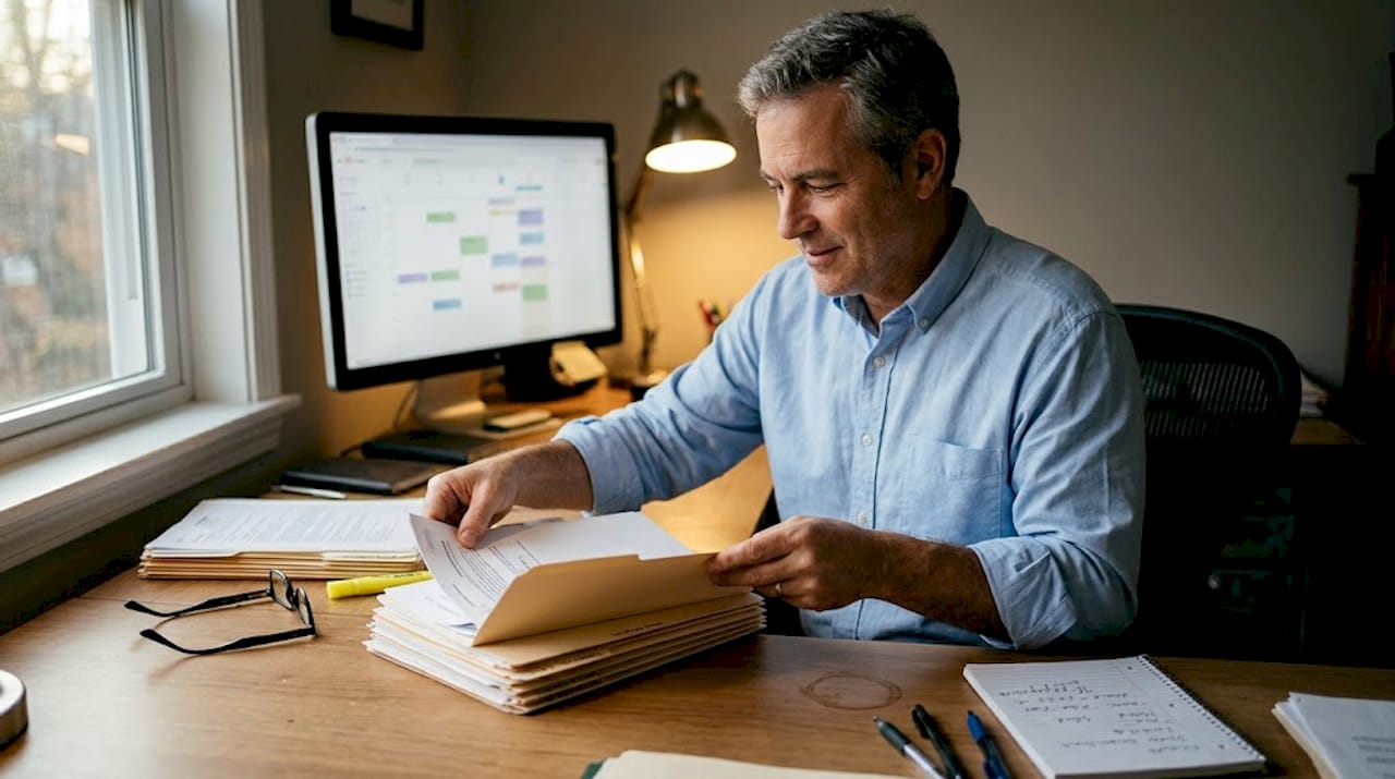 Man sorting folders for batch notarization