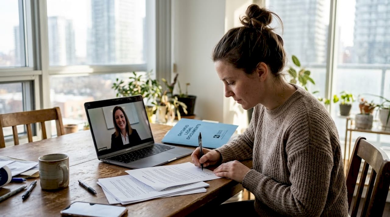 Woman on laptop doing remote notarization Ontario