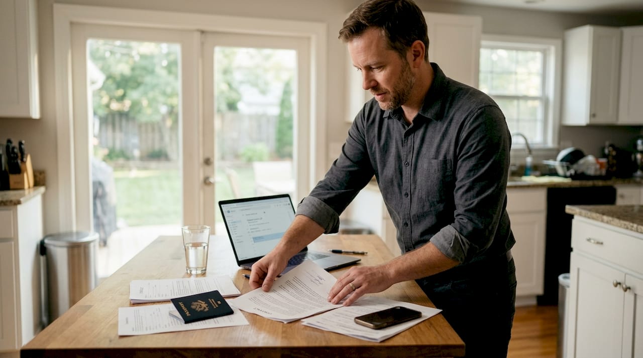 Preparing notary documents at home kitchen table