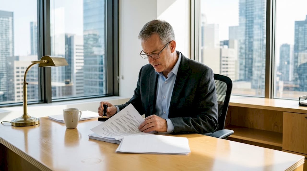 Notary reviewing and stamping Ontario document