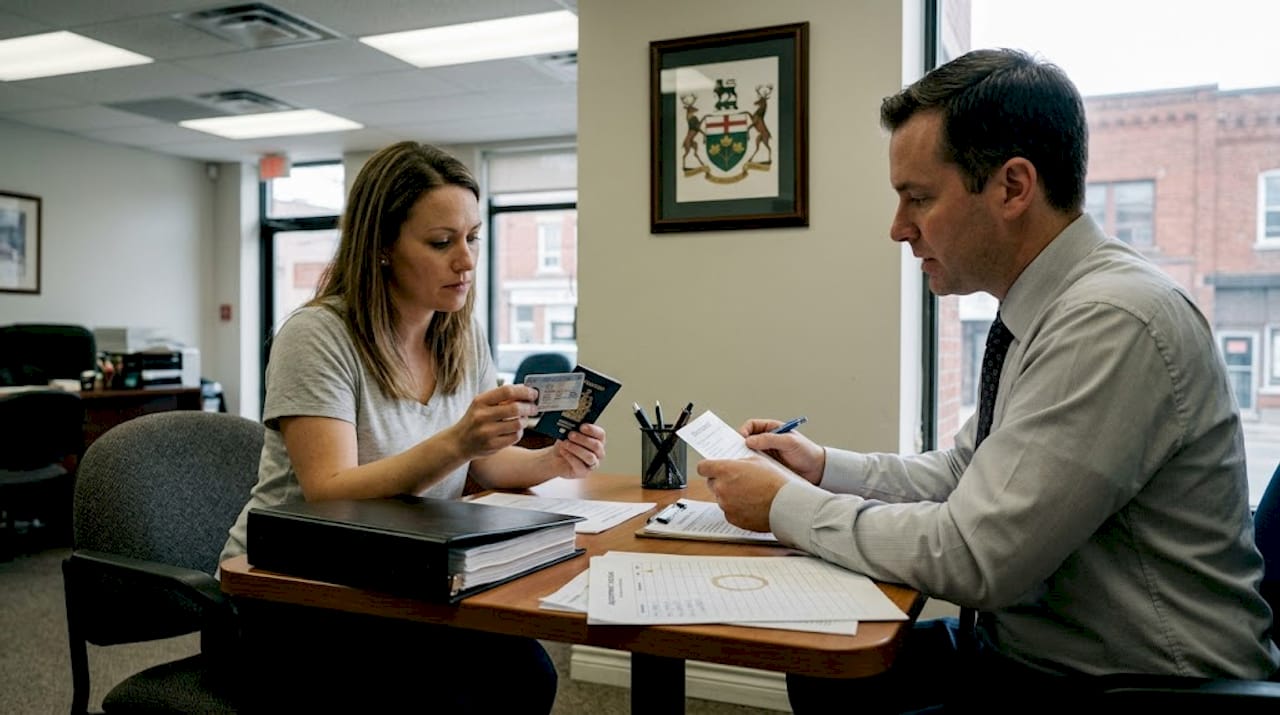 Client presents ID to notary at law office