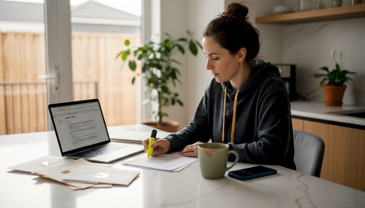 Woman highlights affidavit draft in home kitchen