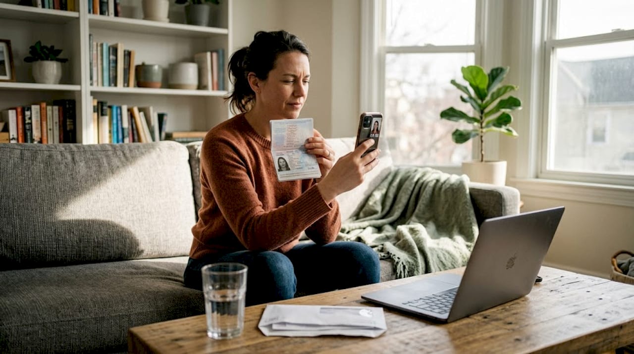 Woman verifying ID via video from home