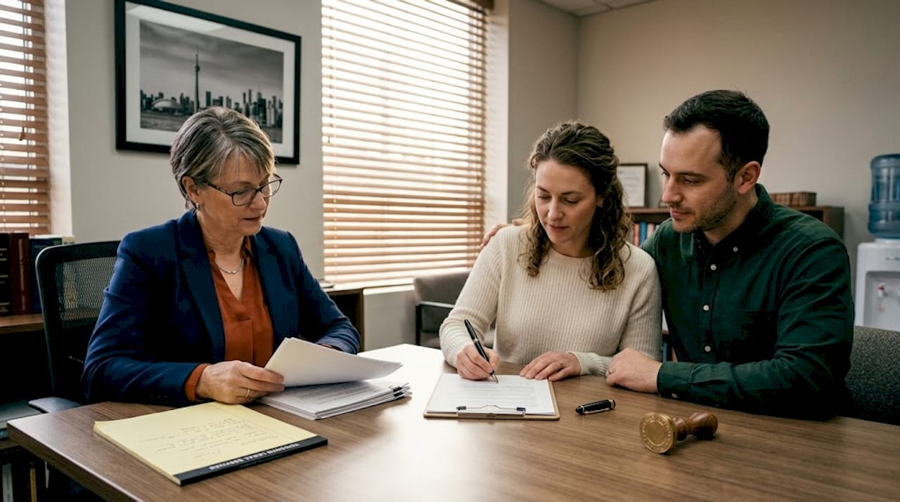 Couple signing will with notary in office setting