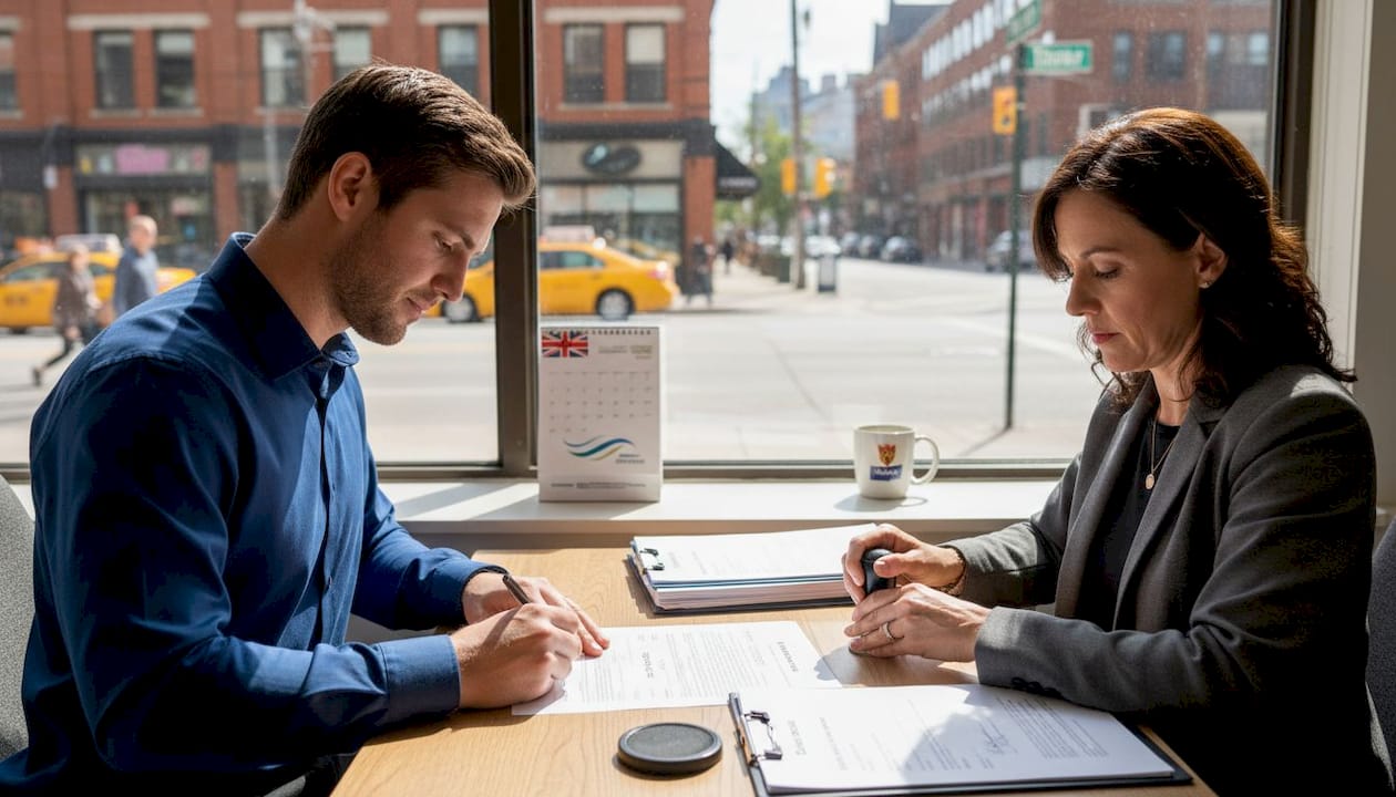 Man notarizing invitation letter with notary