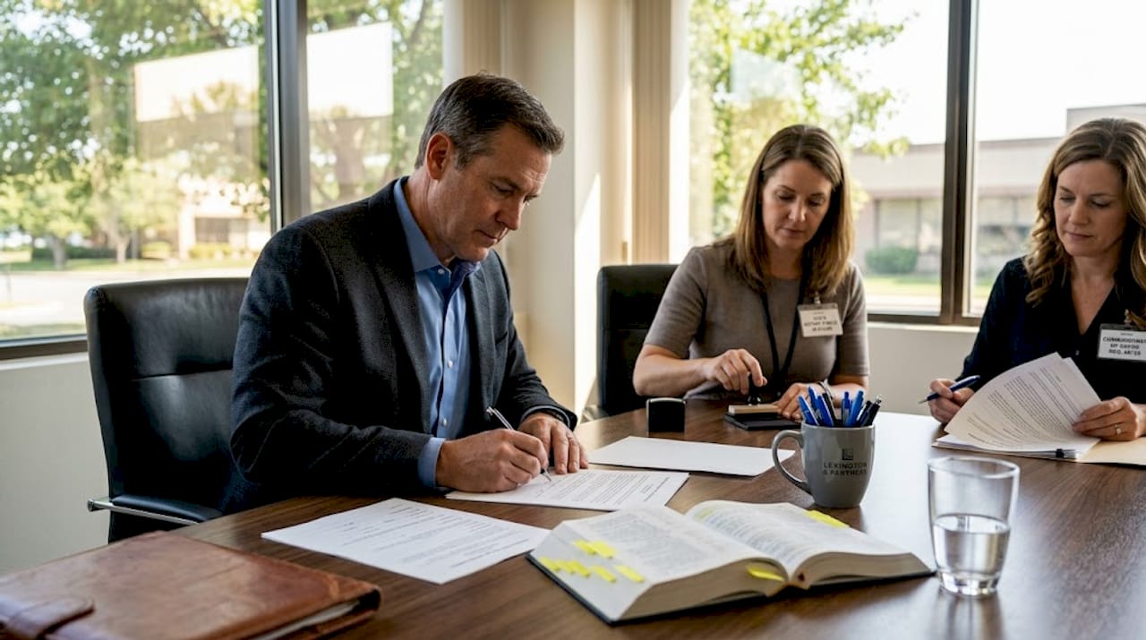 Client signing document with notary and commissioner