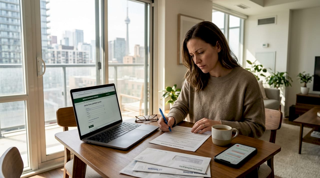 Woman signing statutory declaration at home table