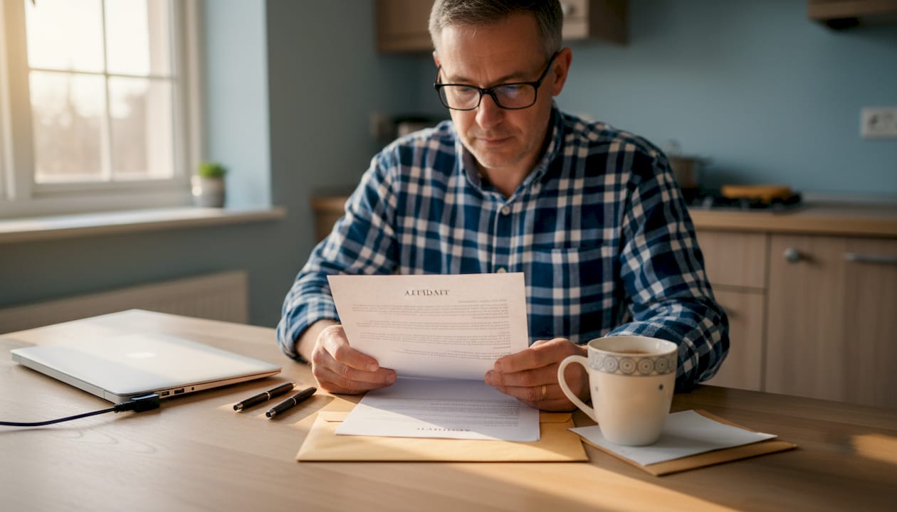 Man reviewing affidavit at kitchen table