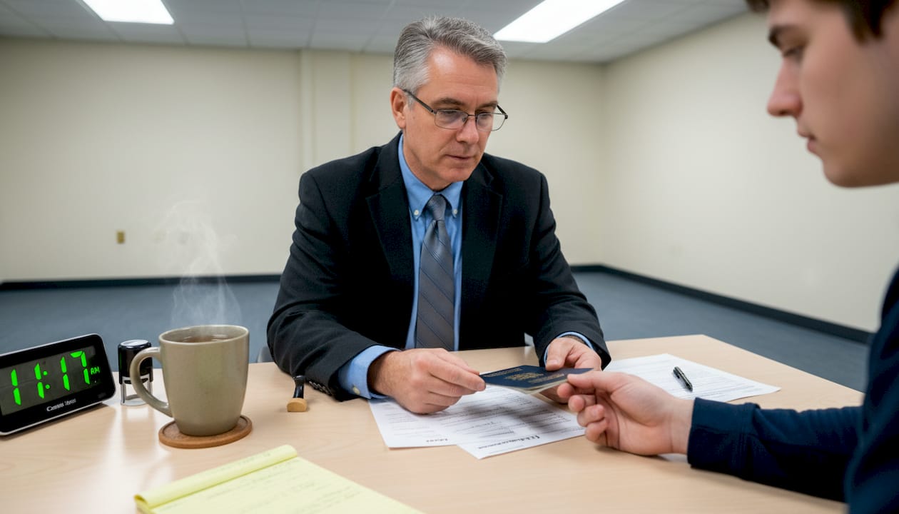 Commissioner verifying ID with client at desk