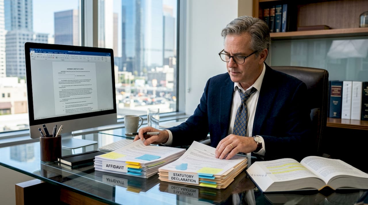 Lawyer sorting affidavit and statutory declaration forms