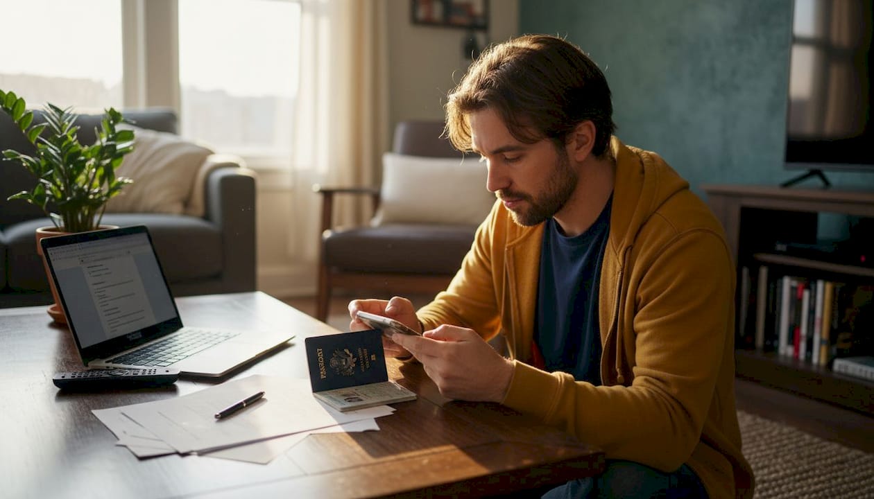 Man photographing passport for ID upload