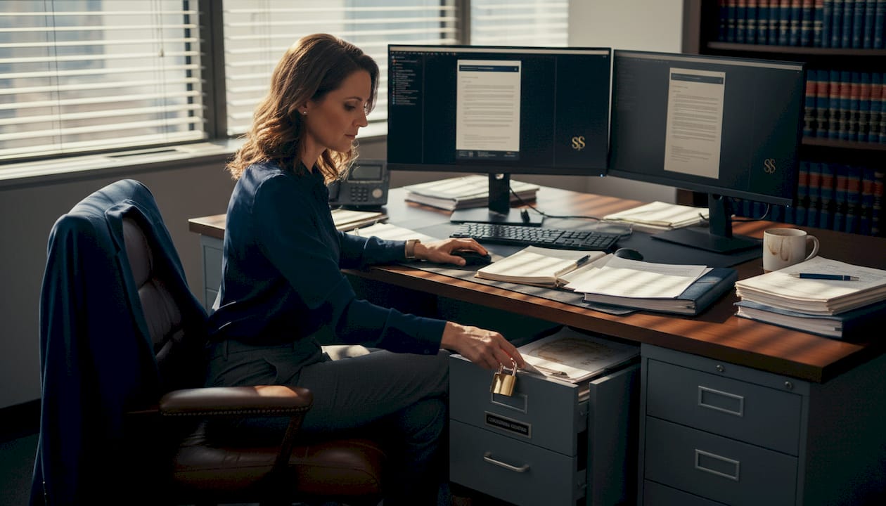 Woman reviewing digital documents for security