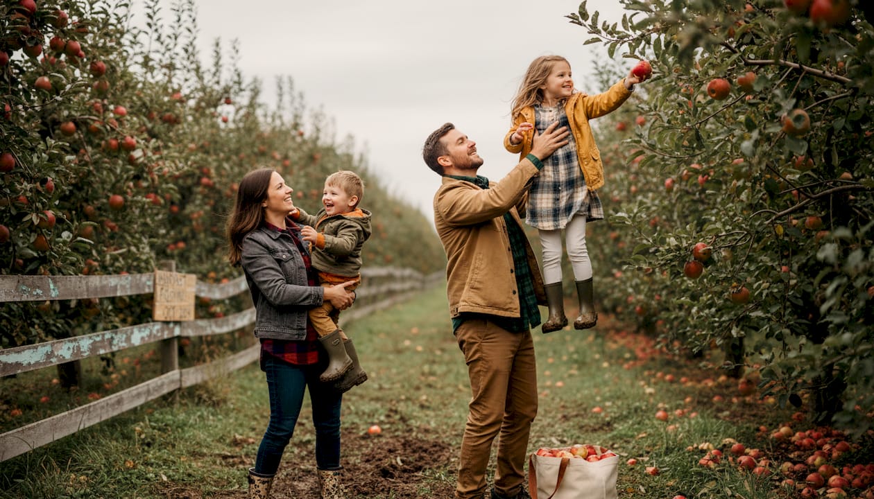 Family picking apples at Ontario orchard