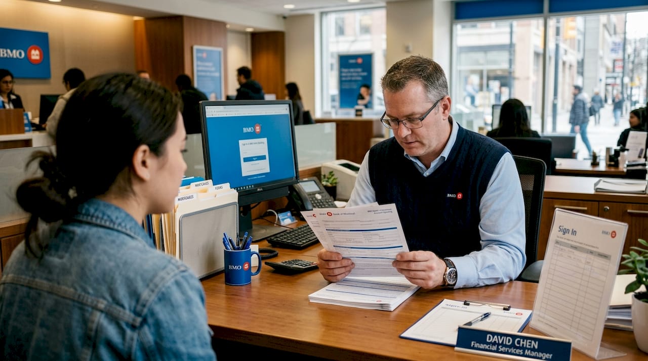 Bank clerk checking proof of residency documents