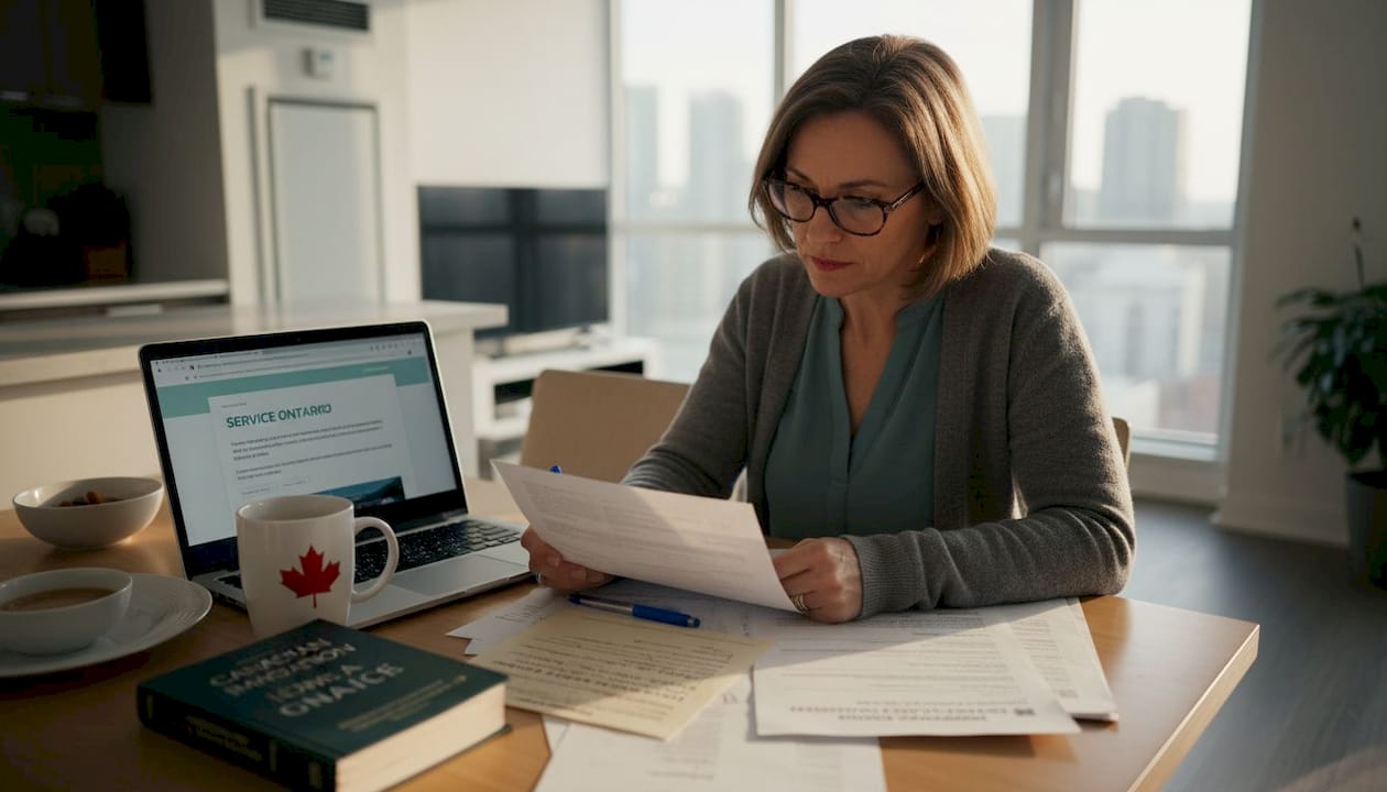 Woman verifying foreign document at kitchen table