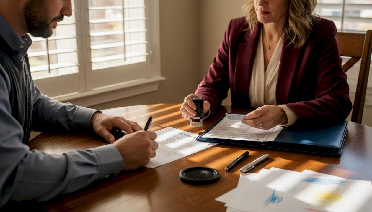 Man signs affidavit while notary observes