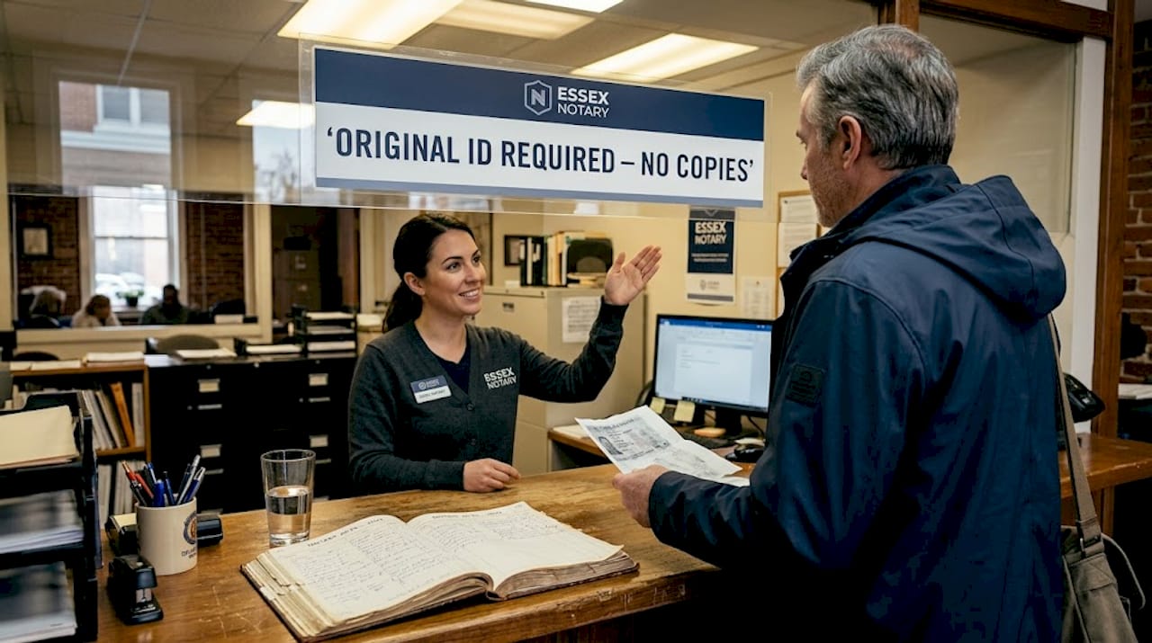 Client presenting photocopy at notary office counter