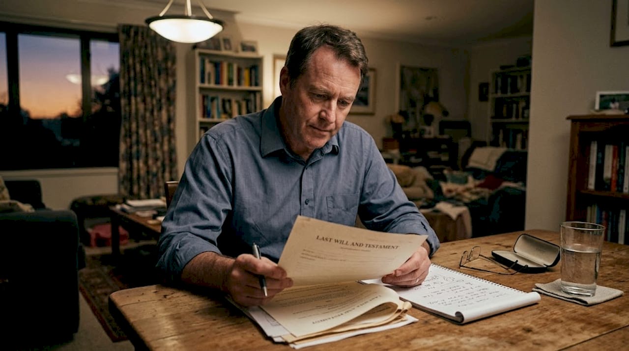 Man reviewing legal document at dining table