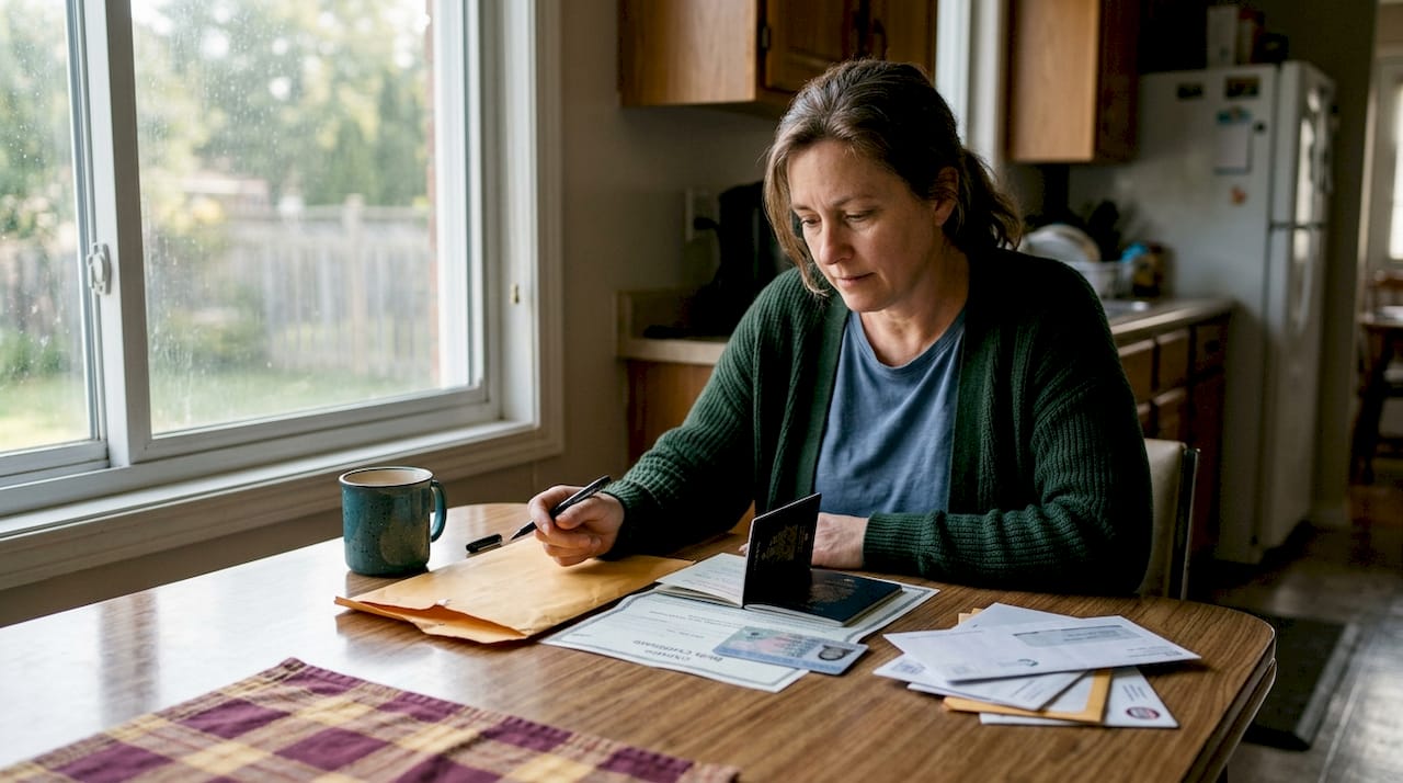 Person reviewing certified documents at home