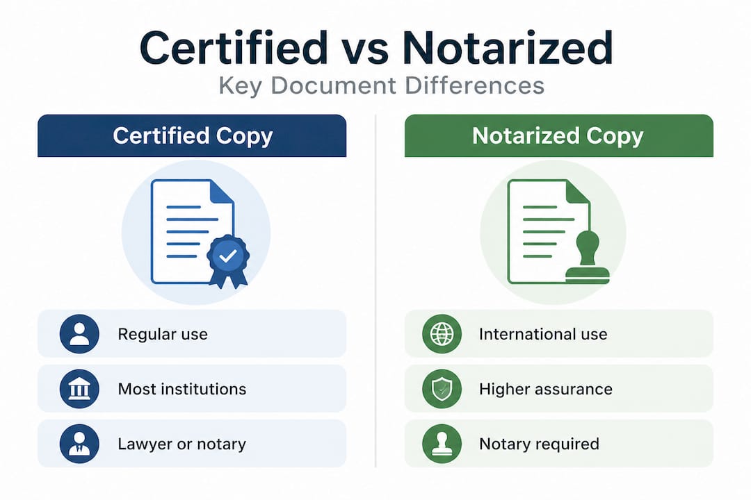 Infographic comparing certified and notarized copies