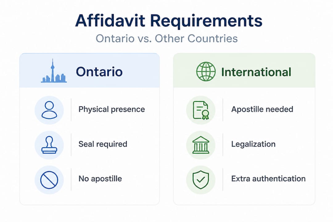 Infographic comparing Ontario and international affidavit rules