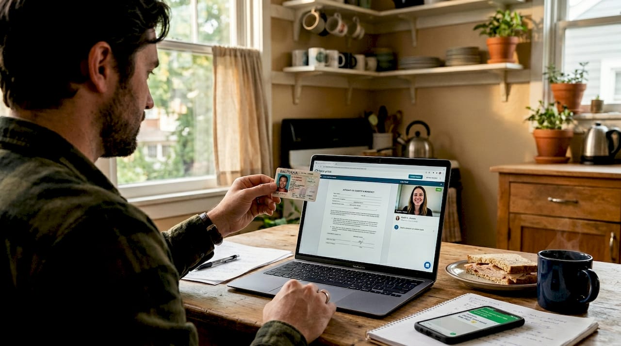 Man holds ID for online notarization at kitchen table
