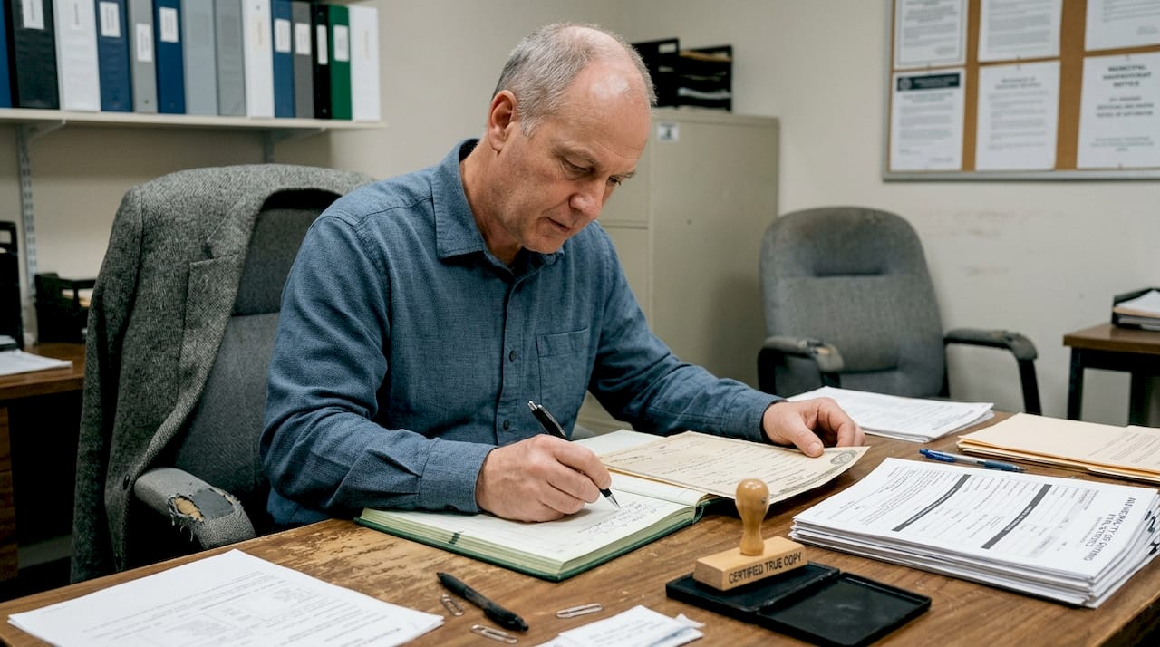 Man prepares certified copy at office desk