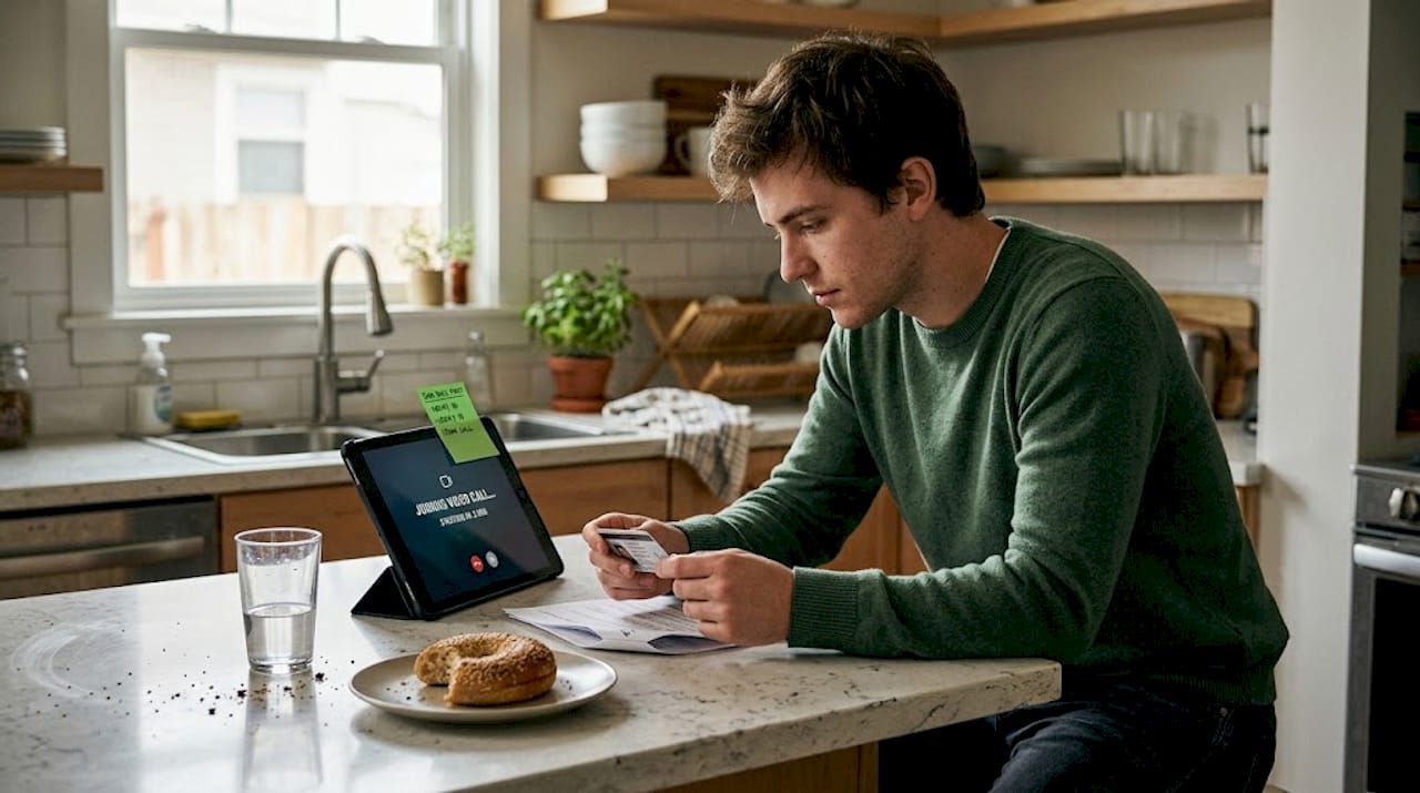 Man reviews documents before video appointment