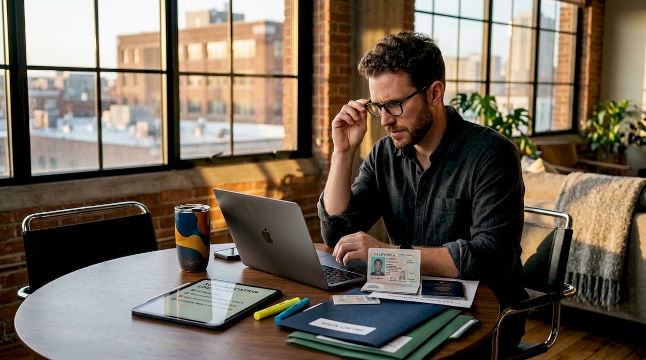 Man verifying documents for online notary session