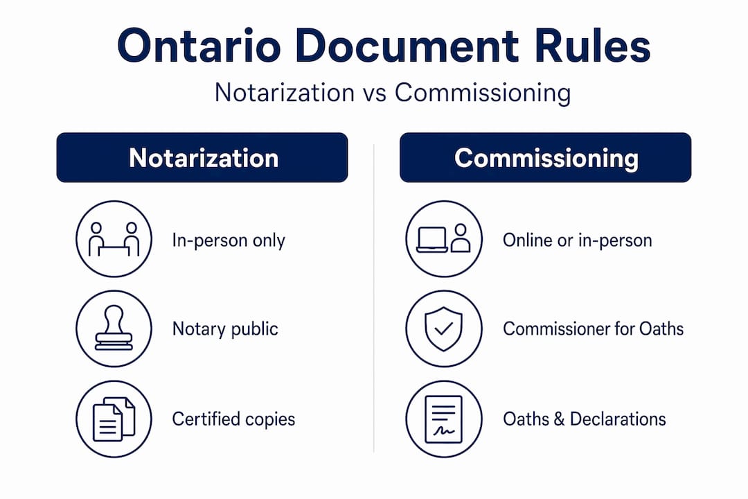 Infographic comparing notarization and commissioning in Ontario
