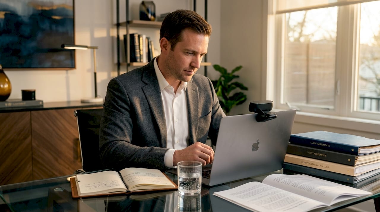 Ontario notary verifying document online at office desk