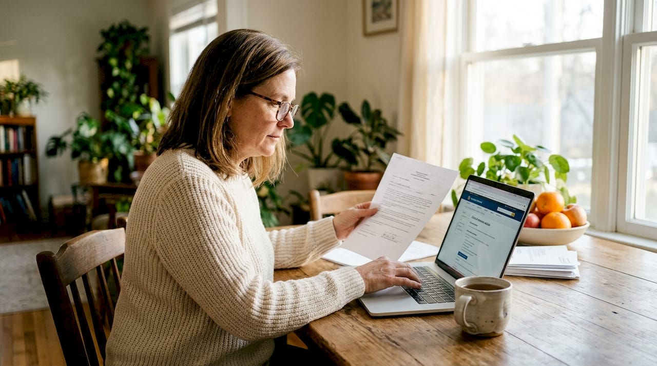 Woman verifying notarized document at kitchen table