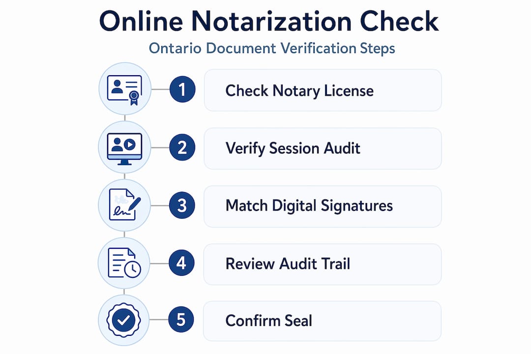 Infographic showing steps for verifying online notarization